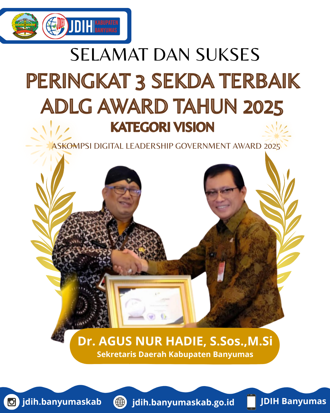 Sekda Banyumas Raih Peringkat Ketiga pada ADLG Awards 2025